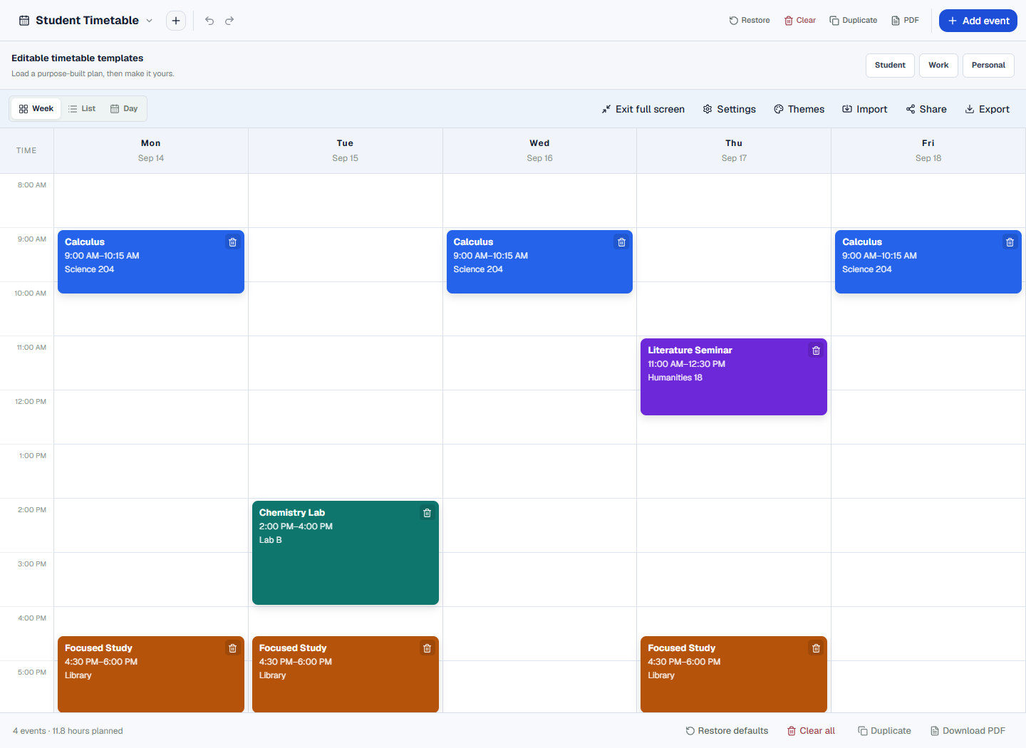 ScheduleBuilder student timetable showing calculus, chemistry lab, literature seminar and study blocks