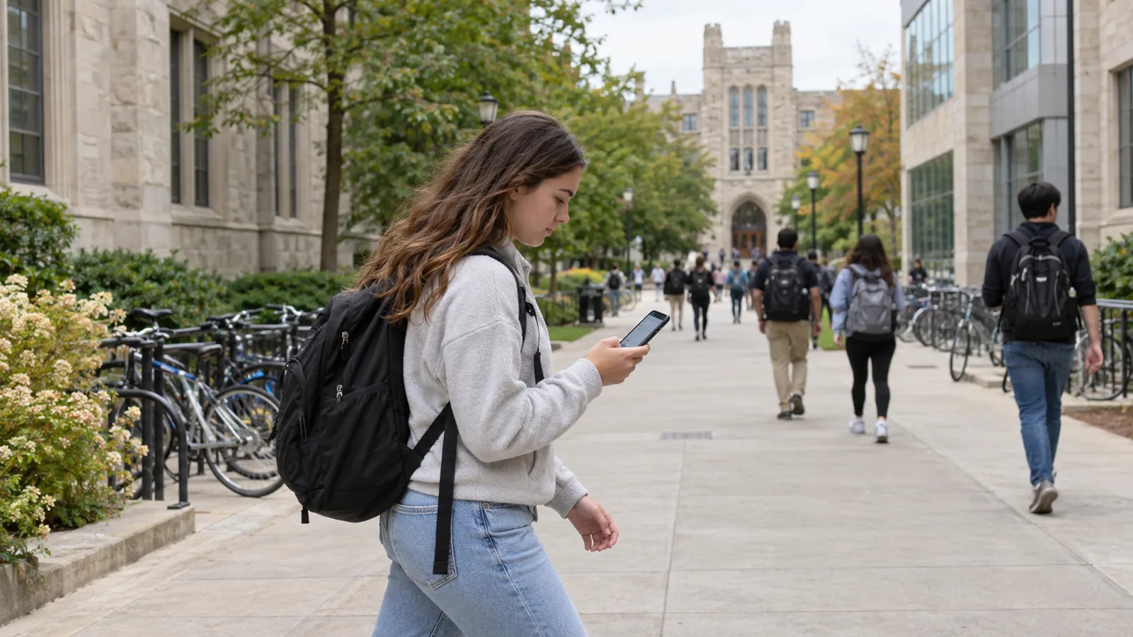 A student checking a schedule while walking between campus buildings