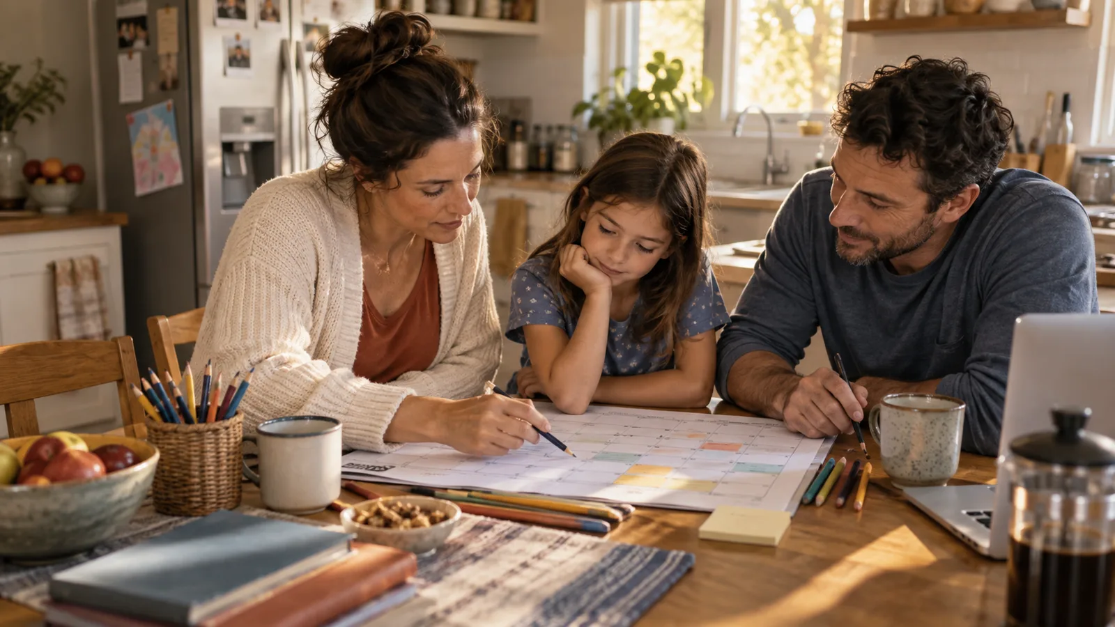A family making a shared weekly plan at the kitchen table