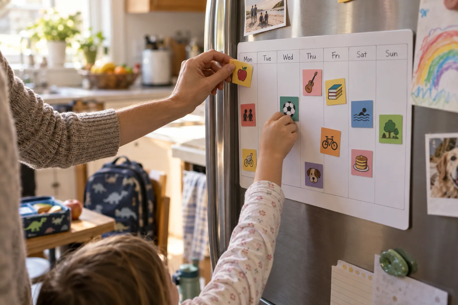 Adult and child hands adding activities to a weekly refrigerator planner
