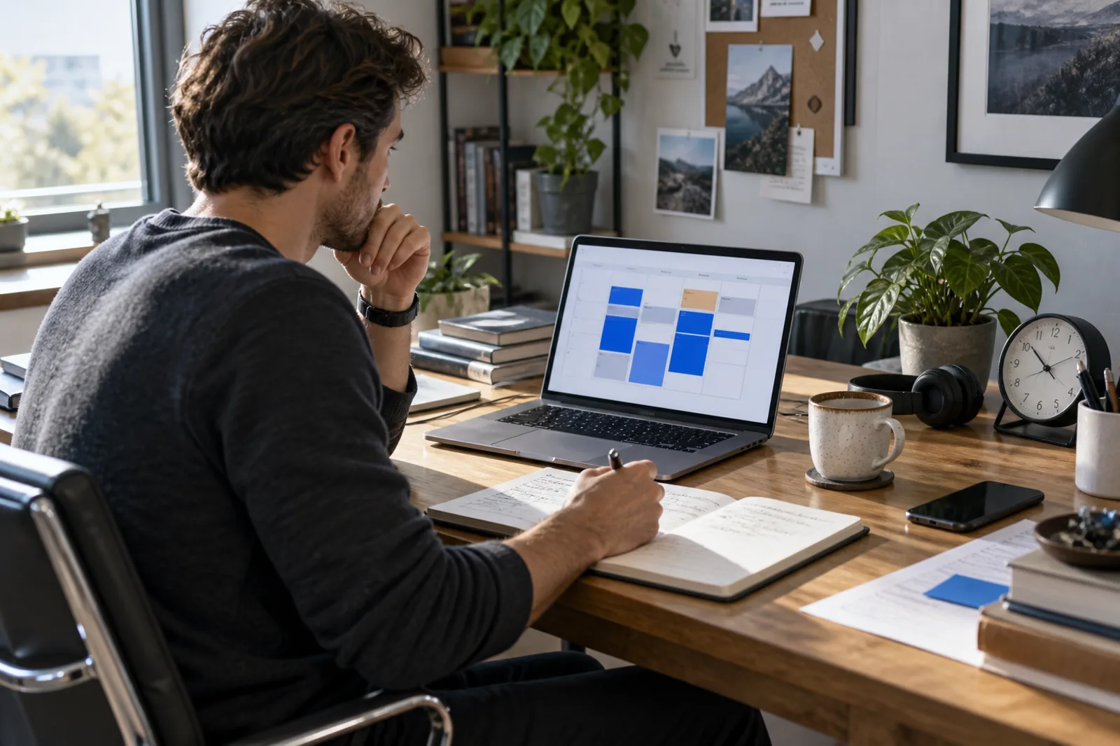 A professional planning focused work blocks at a desk