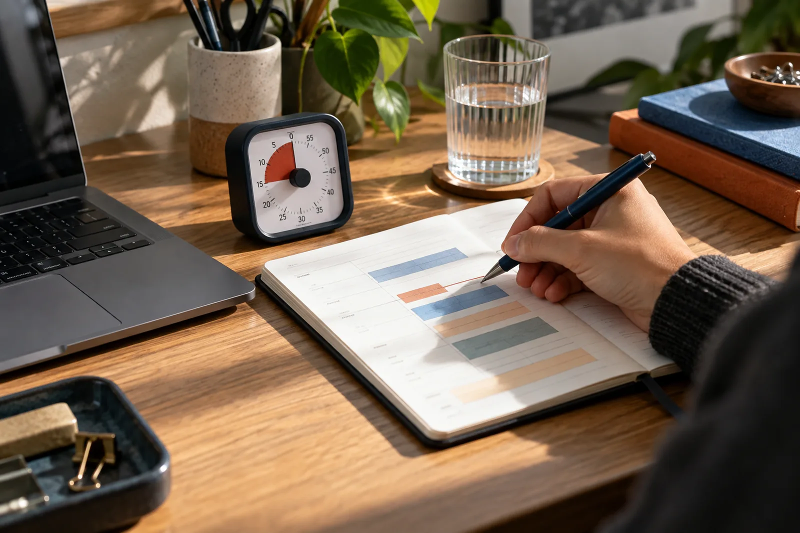 A timer beside a notebook with focused work blocks