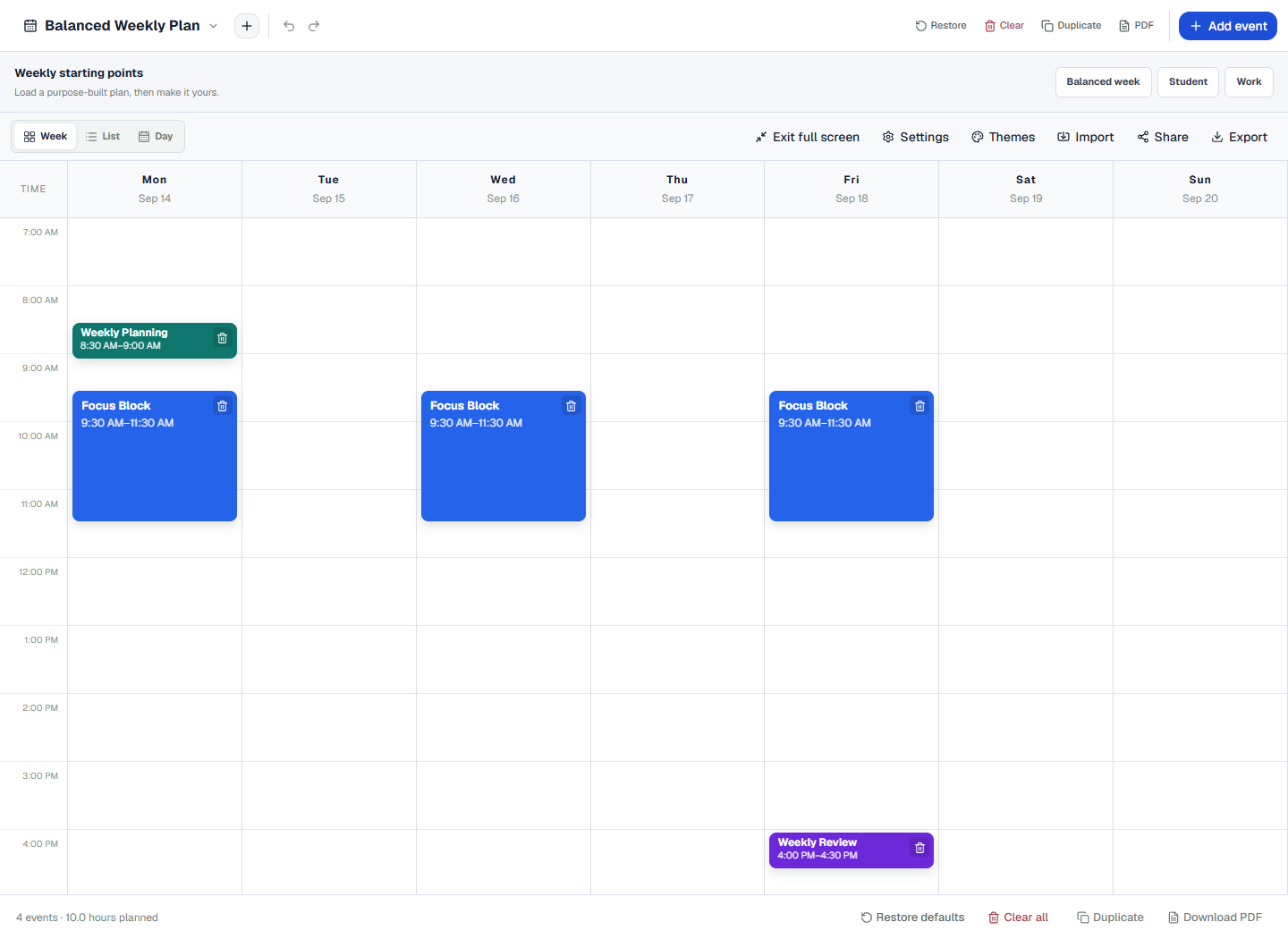 ScheduleBuilder weekly view showing recurring focus blocks, exercise and a weekly review