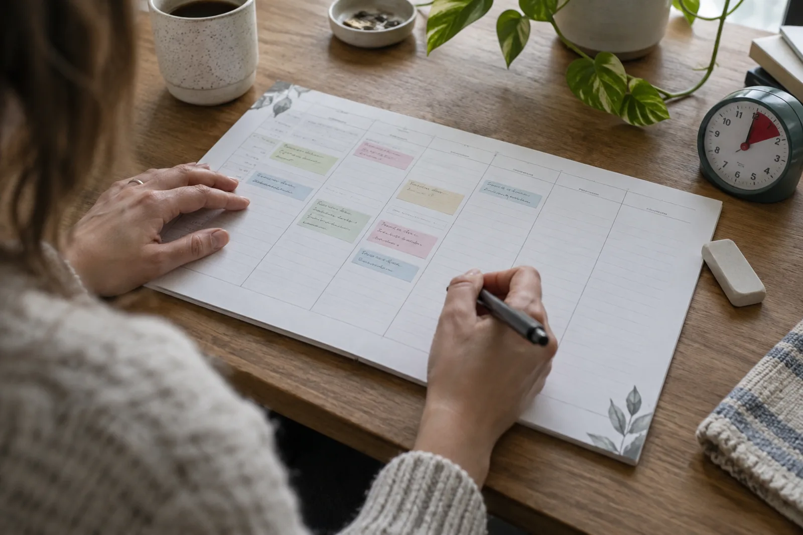 A person reviewing a weekly planner with open buffer time