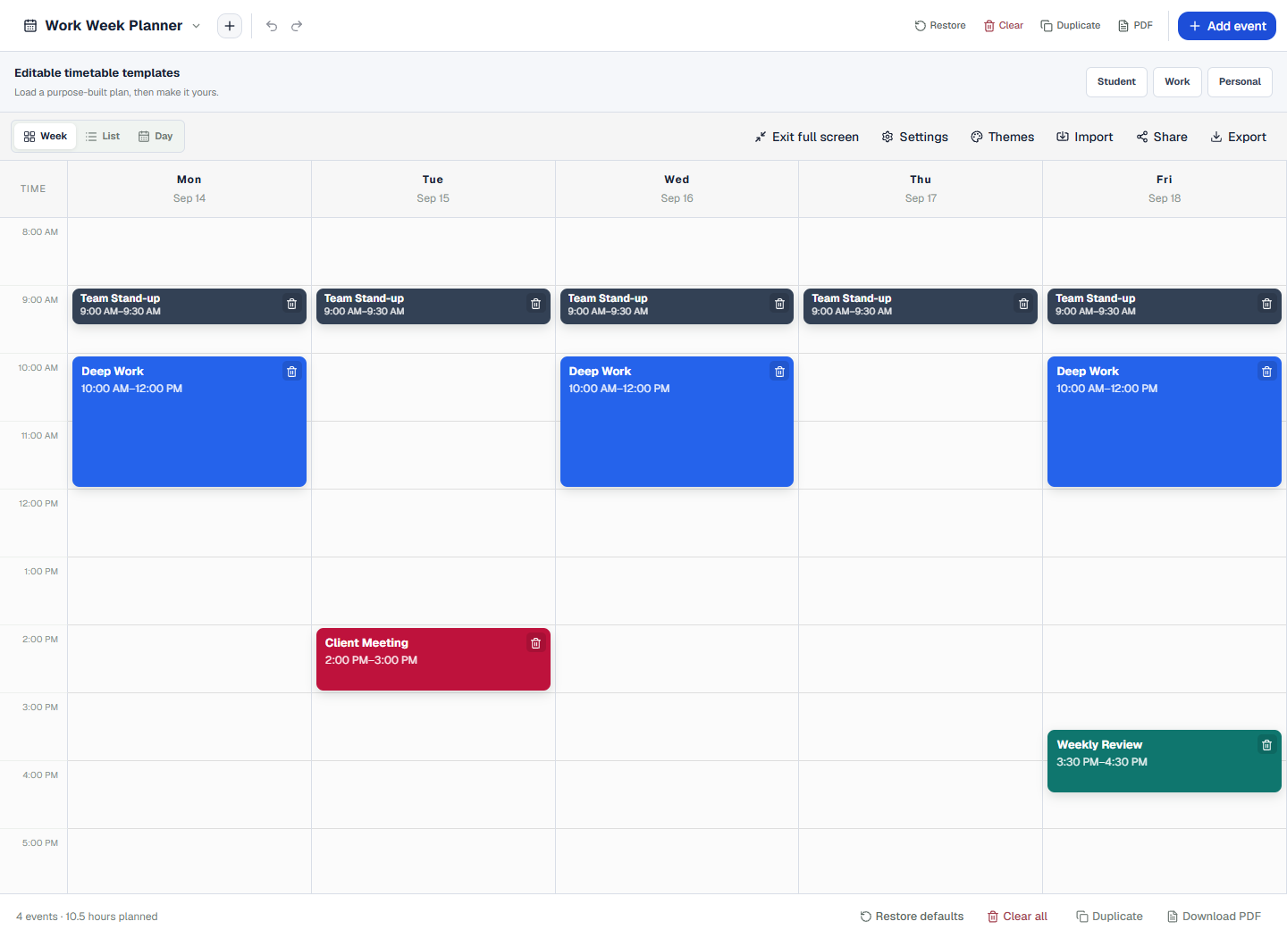 ScheduleBuilder work week with stand-ups, deep work, a client meeting and weekly review