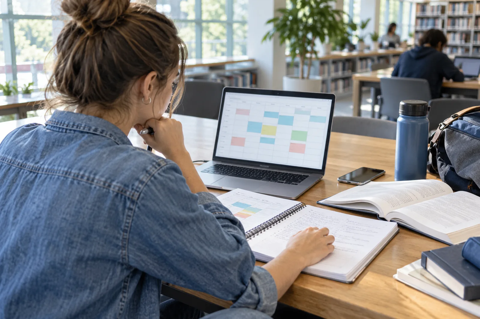 A college student building a class schedule in a library