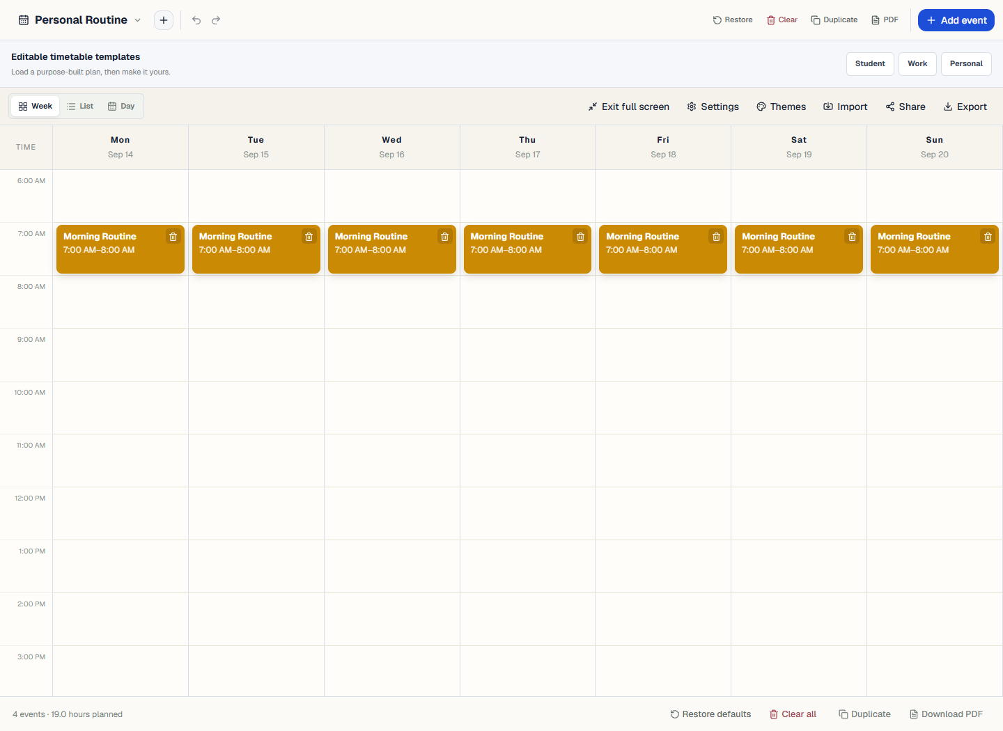 ScheduleBuilder personal routine showing a repeated morning routine across all seven days