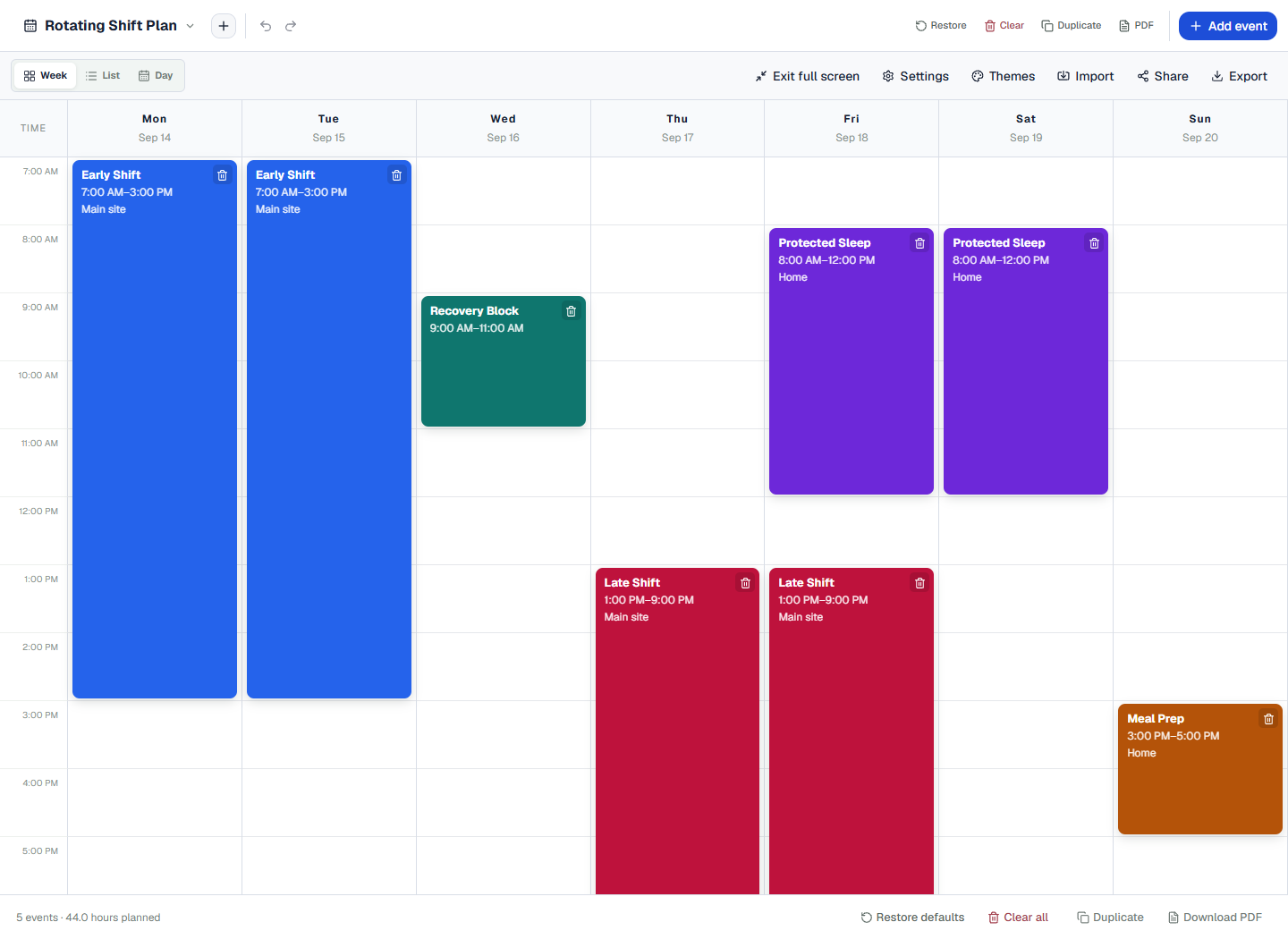 ScheduleBuilder rotating shift plan with early shifts, late shifts, protected sleep and recovery time