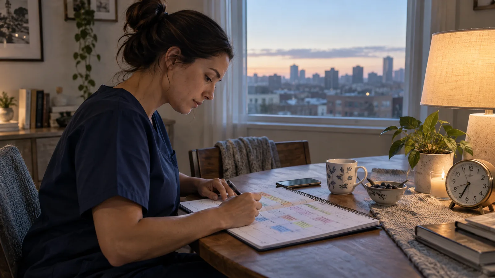 A healthcare worker planning changing shifts at dawn