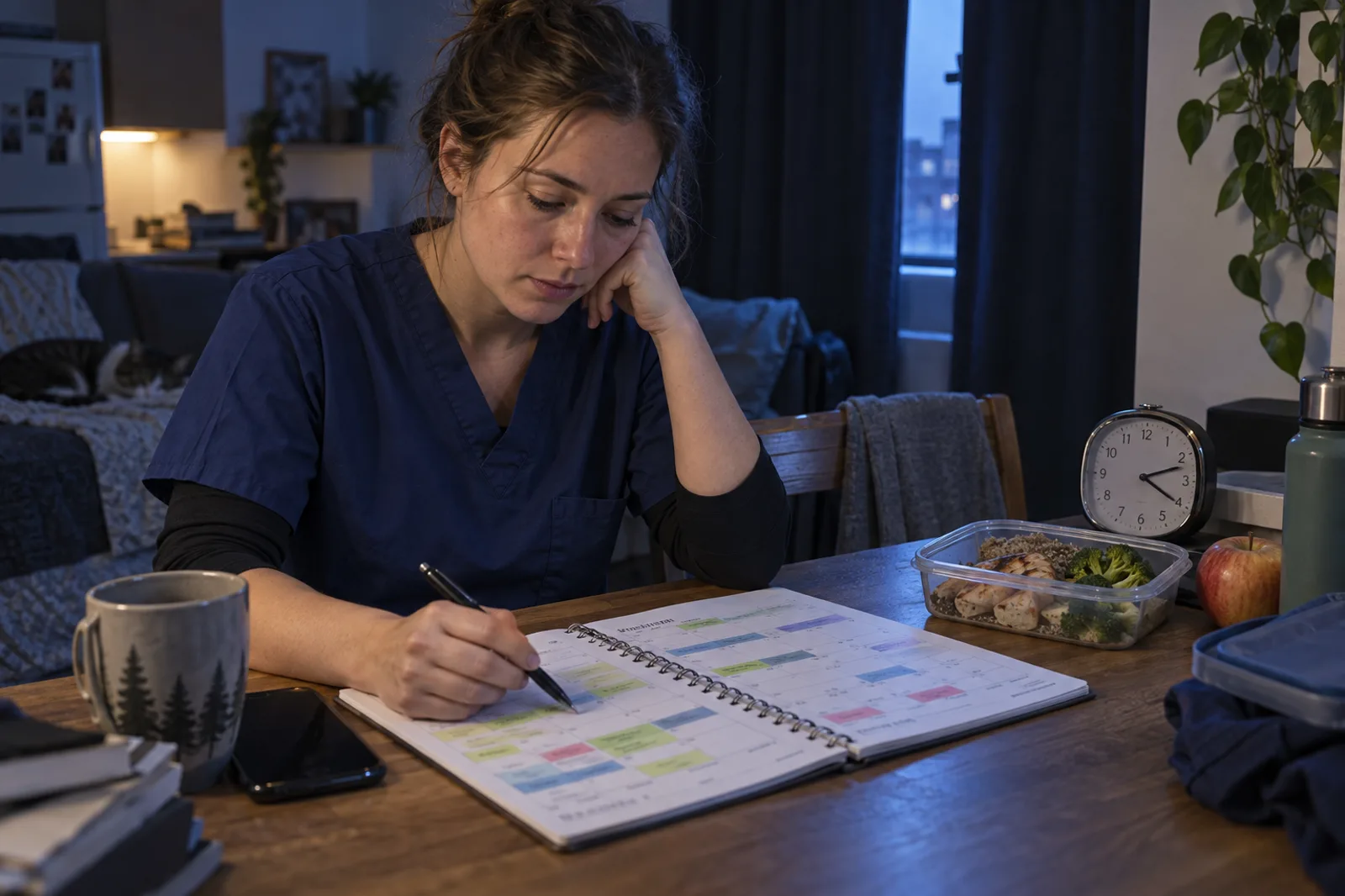 A night-shift worker reviewing a rotating schedule with meals and sleep
