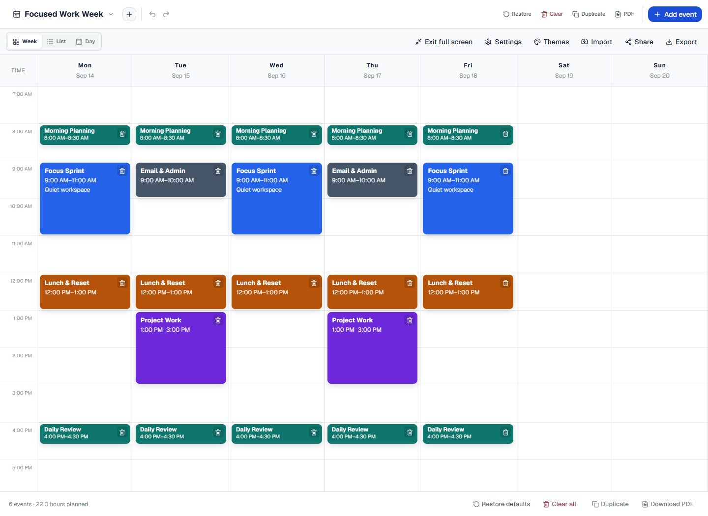 ScheduleBuilder focused work week with planning, focus sprints, admin, lunch and review blocks
