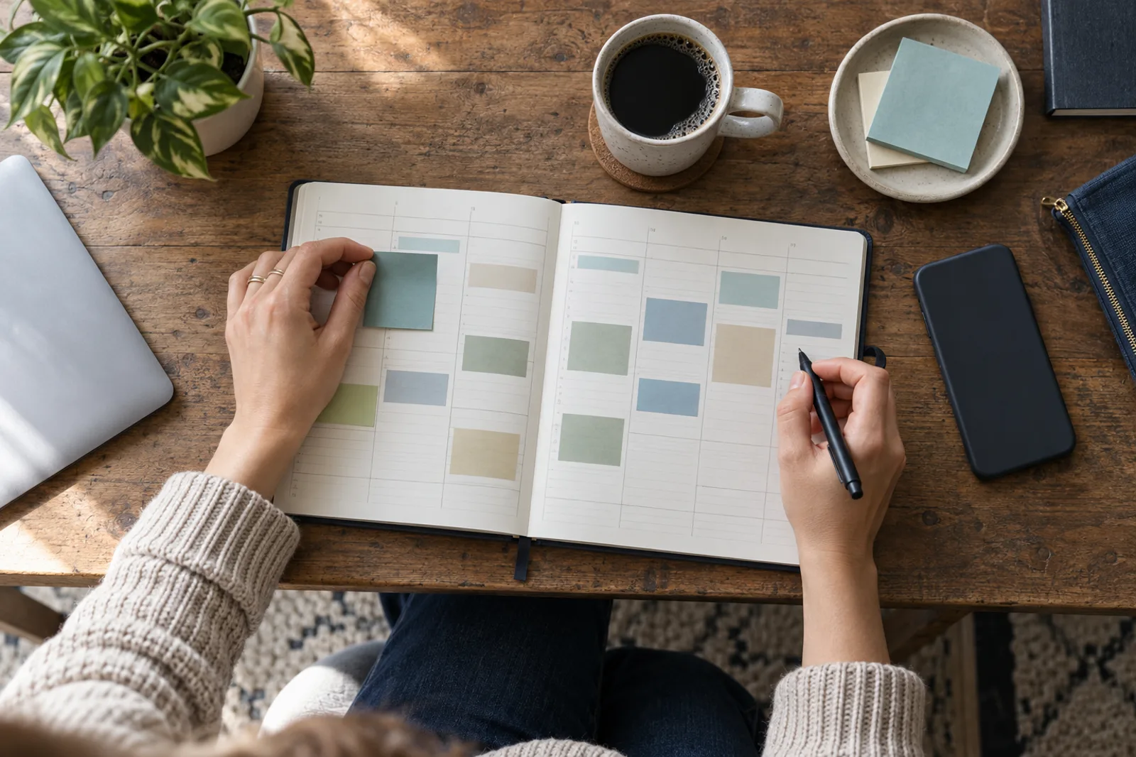 A weekly planner being arranged with colored time blocks