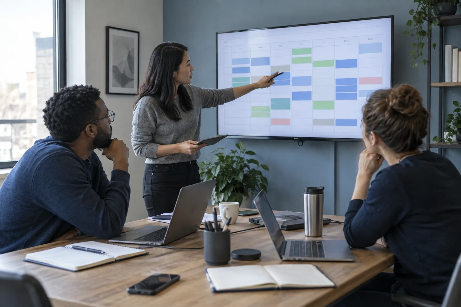 A small team reviewing a shared weekly work schedule